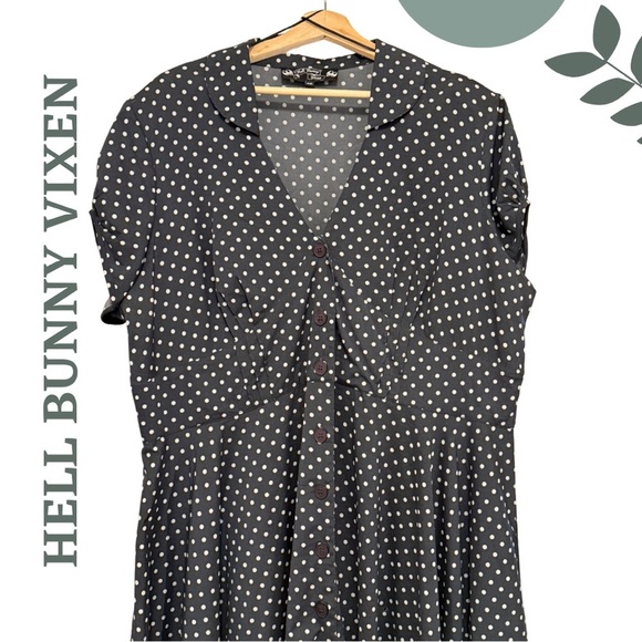 Hell Bunny Vixen Polka Dot Midi Dress Shirt Sleeve Dark Grey Black Size 18 (4x) - Picture 3 of 10